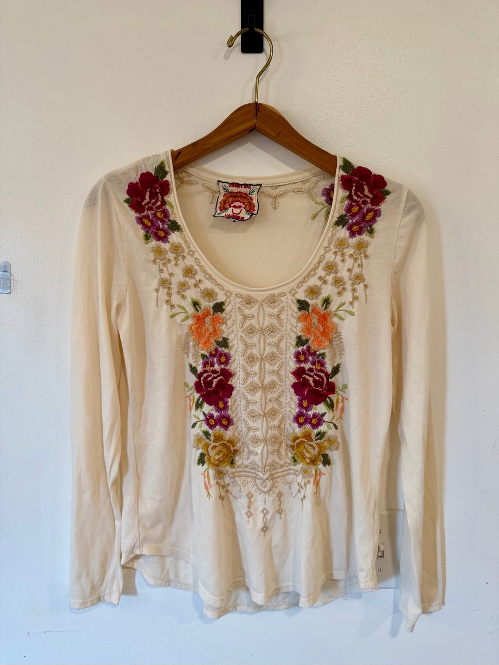 Johnny Was Embroidered Scoop Neck Long Sleeve Top Cotton Floral Women’s Medium